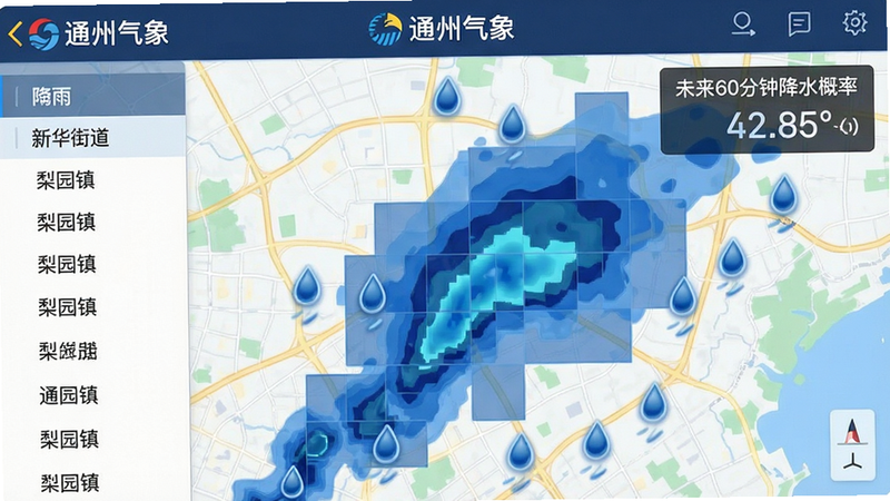 主体为“通州气象”APP内的降雨雷达界面特写,布局以地图为核心,使用半透明蓝色色块展示降雨覆盖区域,颜色深浅代表降雨强度,右上角标注“未来60分钟降水概率”,左侧边栏显示具体街道名称如“新华街道”、“梨园镇”等。排版紧凑,风格为专业气象可视化风格,细节处有动态雨滴图标,文字清晰,画质细腻,干净无杂色,突出“通州气象”品牌标识在顶部导航栏。