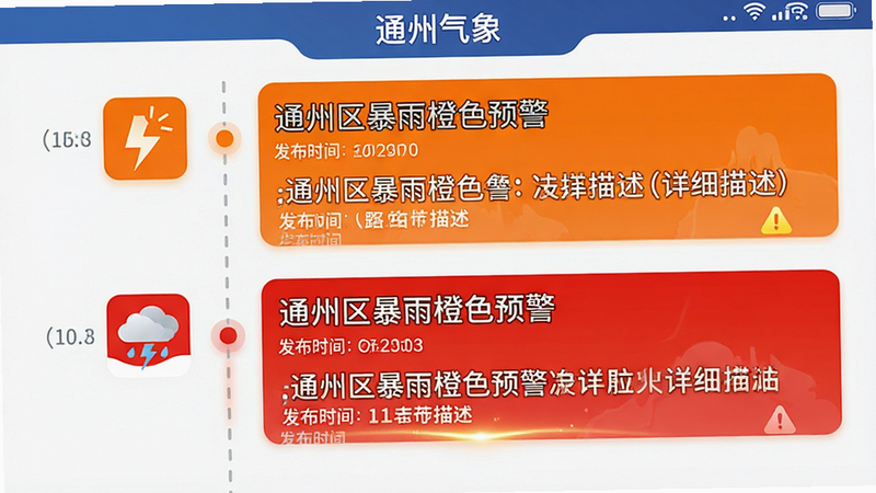 主体为“通州气象”APP的预警中心界面,布局以时间轴形式展示最新预警信息,每条预警包含图标(如闪电、暴雨云)、标题(如“通州区暴雨橙色预警”)、发布时间及详细描述。排版垂直流畅,风格为警示性UI设计,细节处使用橙、红等高对比度颜色标识风险等级,文字加粗强调重点,画质清晰,干净无干扰元素,突出“通州气象”在顶部状态栏的品牌显示。