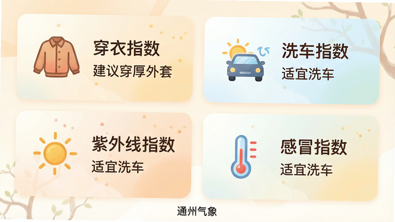 主体为“通州气象”APP的生活指数卡片组,布局采用四宫格形式,分别展示“穿衣指数”、“洗车指数”、“紫外线指数”、“感冒指数”。每个格子包含图标(如衣服、汽车、太阳、温度计)和文字描述(如“建议穿厚外套”、“适宜洗车”)。排版对称美观,风格为温馨生活化设计,细节处有柔和的渐变背景,文字友好亲切,画质柔和,干净无杂乱装饰,突出“通州气象”在界面底部的小字标识。