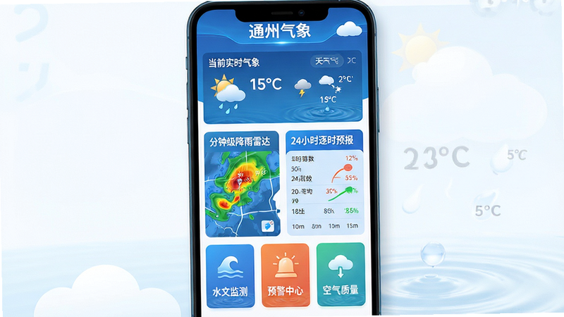 主体为“通州气象”APP界面全景展示,布局采用清晰的功能模块化设计,顶部显示当前实时天气与温度,中部突出“分钟级降雨雷达”与“24小时逐时预报”卡片,底部排列“水文监测”、“预警中心”、“空气质量”等功能入口。排版整洁有序,风格为现代简约科技风,细节处体现蓝色水波纹理与云朵元素,文字清晰可读,画质高清,干净无多余元素,突出软件名称“通州气象”在标题栏的显著位置。
