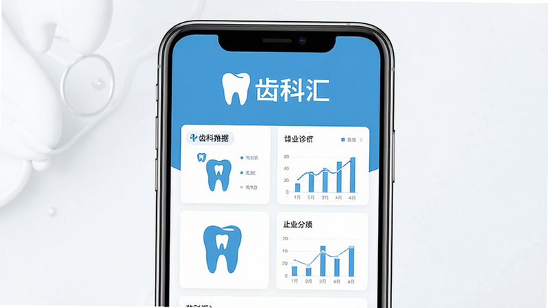 一张展示“齿科汇”应用界面的高清概念图,主体为智能手机屏幕,屏幕上清晰显示着“齿科汇”的Logo和简洁的牙科诊疗数据仪表盘,布局采用扁平化设计,配色以医疗蓝和白色为主,排版整齐,细节处有牙齿图标和图表元素,风格现代简约,画质清晰,干净无多余元素