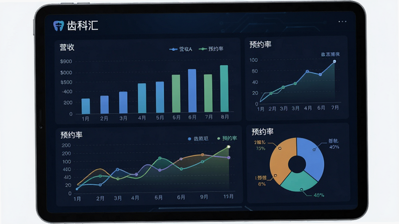 展示“齿科汇”数据可视化功能的概念图,主体为平板电脑屏幕,显示着复杂的医疗数据分析图表,包括柱状图、折线图和饼图,布局清晰,配色专业,排版紧凑,细节处有“营收”、“预约率”等文字标签,风格科技感强,画质高清,干净无多余元素