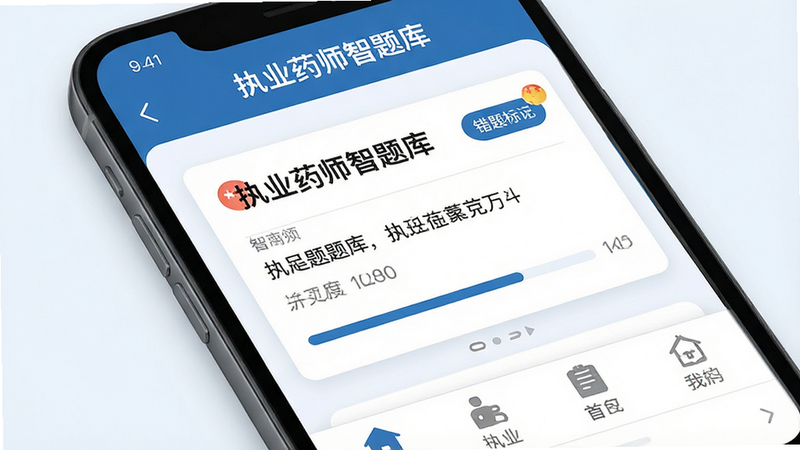 ����Ϊ�ֻ���Ļ��д����ʾ��ִҵҩʦ����⡱APP���棬����������Ϊ�������������в���Ŀ��Ƭ��ײ����ܵ������Ű����ִ�������ƽ������������ϸ��չʾ�����ǰ�ť������������ʸ���8k���ɾ��޶���Ԫ�أ����֡�ִҵҩʦ����⡱�����ɼ�