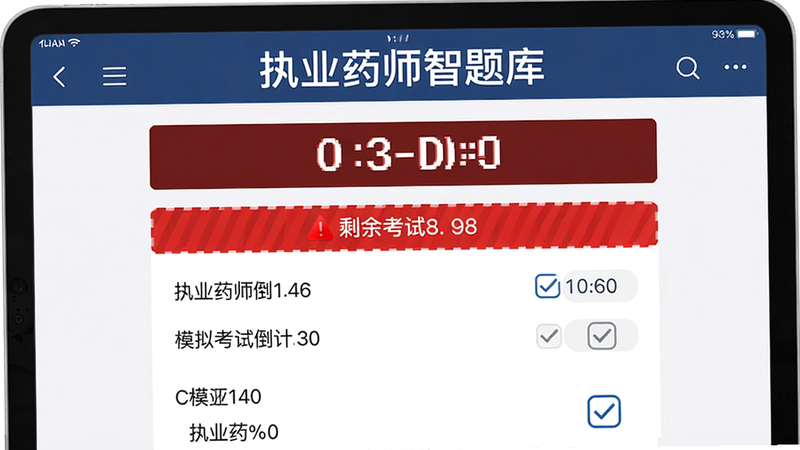 ����Ϊƽ����Խ��棬��ʾ��ִҵҩʦ����⡱��ģ�⿼�Ե���ʱ�������棬����ģ����ʵ�������Ű��Ͻ����������רҵ��ϸ��չʾѡ�ѡ״̬��ʣ��ʱ���ɫ��ʾ�������������ɾ���࣬���֡�ִҵҩʦ����⡱λ�ڶ���