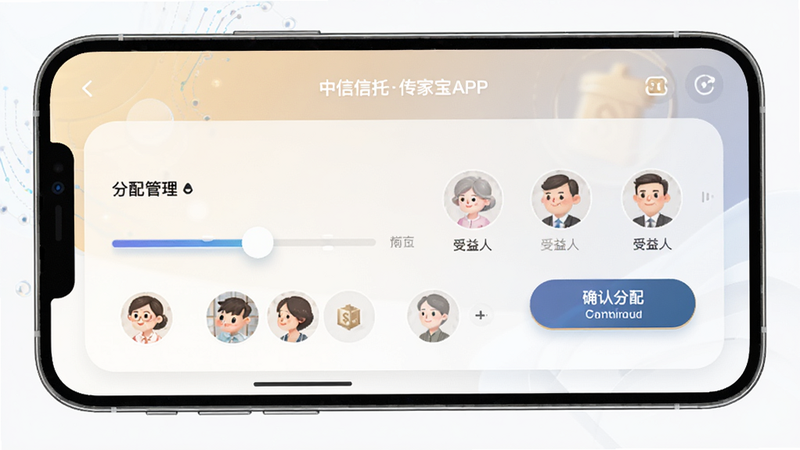 中信信托传家宝APP内的分配管理界面,显示一个滑块调节器和几个受益人头像图标,旁边有'确认分配'按钮,界面色调柔和,布局清晰,风格科技感与亲和力并存,细节清晰,画质8k,干净无多余元素