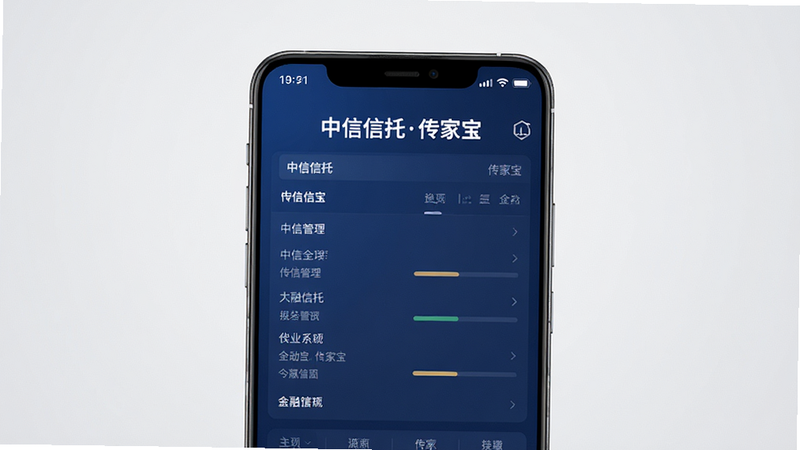 一张展示中信信托传家宝APP手机界面的高清渲染图,主体为一部最新款安卓智能手机,屏幕中央显示着深蓝色调的金融后台管理界面,顶部有清晰的'中信信托传家宝'白色标题,背景为干净的浅灰色渐变,布局居中,排版整齐,风格专业商务,细节丰富,画质4k高清,干净无多余元素