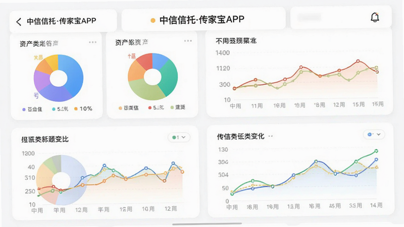 中信信托传家宝APP内的资产总览页面截图风格插画,展示多个彩色饼图和折线图,代表不同资产类别的比例变化,背景为白色卡片式布局,文字标签清晰,风格现代简约,细节精致,画质高清,干净无多余元素