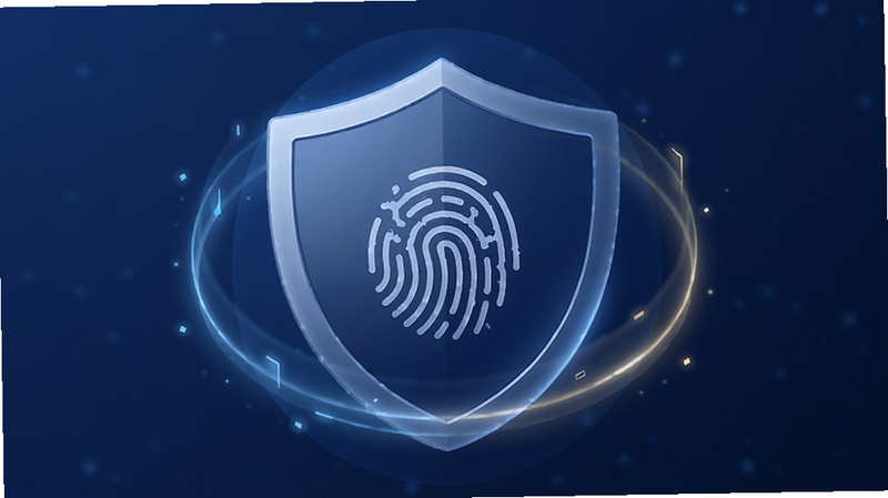 中信信托传家宝APP的安全登录界面,中央有一个指纹识别图标,周围环绕着盾牌形状的防护光效,背景为深蓝色,强调安全与信任,风格极简,细节光影效果好,画质超清,干净无多余元素