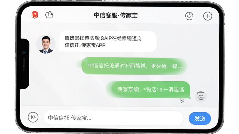 中信信托传家宝APP内的在线客服聊天界面,显示对话气泡和顾问头像,界面整洁,底部有输入框和发送按钮,风格亲切专业,细节丰富,画质高清,干净无多余元素
