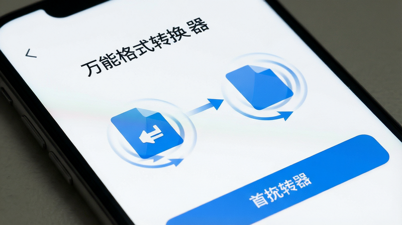 ����Ϊ�ֻ���Ļ��д����ʾ�����ܸ�ʽת������APP���棬����������࣬���ð�ɫ����������ɫ��ɫ����ť���Ű����룬����ִ���ƽ����ϸ�ڴ�չʾ�ļ�ͼ������ת���Ķ�̬Ч�������ʸ��壬�ɾ����޶���Ԫ�أ����֡����ܸ�ʽת�����������ɼ�