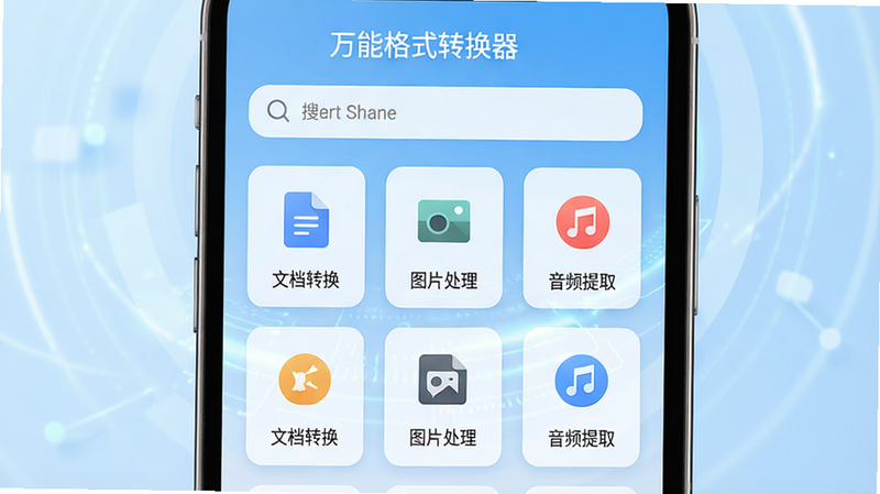 ����Ϊ�ֻ���Ļ���棬��ʾ�����ܸ�ʽת������App��ҳ���������������������������м�Ϊ��������ͼ�꣬�������ĵ�ת��������ͼƬ������������Ƶ��ȡ����ģ�飬����Ϊǳ��ɫ�Ƽ��н��䣬����ִ���Լ��ϸ�ڷḻ�����ʸ��壬�ɾ��޶���Ԫ��