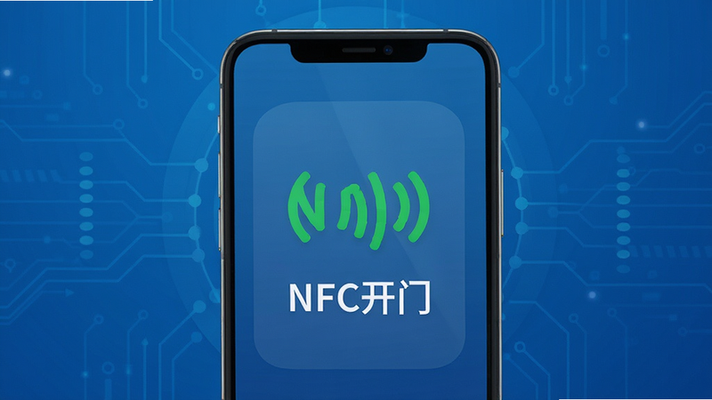 主体为一部现代智能手机,屏幕中央显示绿色NFC感应图标和文字