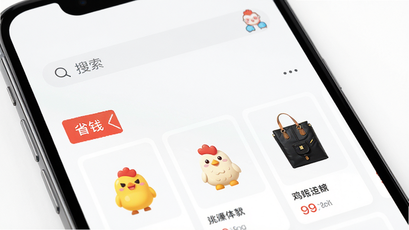 主体为手机屏幕特写,显示“鸡省省”App首页界面,背景为干净的白色,布局清晰,顶部有搜索栏,中间展示红色“省钱”标签和商品卡片,风格简约现代,细节精致,高清画质,无多余元素