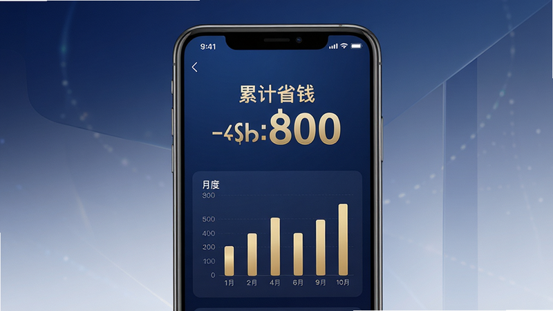 主体为手机钱包界面,显示“累计省钱”大数字,金色字体,下方为月度柱状图,背景为深蓝色渐变,布局对称,风格高级感,细节精致,高清画质,无多余元素