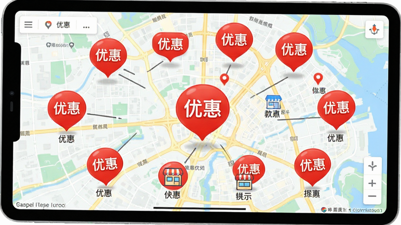 主体为地图界面,标记多个红色“优惠”气泡,连接至具体商户图标,背景为城市地图,布局分散有序,风格清新明亮,细节丰富,高清画质,无多余元素