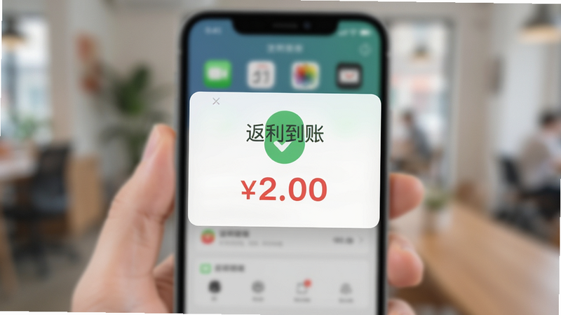 主体为手机支付界面,显示“返利到账”弹窗,绿色对勾标志,数字显示为红色,背景模糊处理突出前景,布局居中,风格扁平化,细节柔和,高清画质,无多余元素