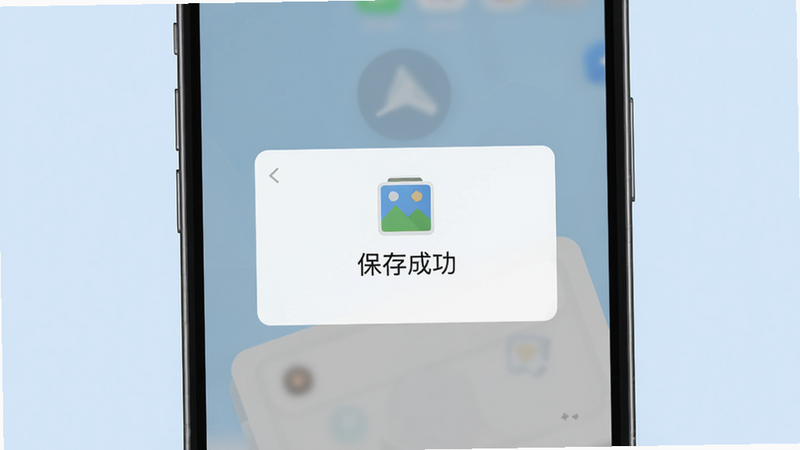 主体为手机屏幕,显示图片保存成功弹窗,背景浅蓝色,布局居中,排版简洁,风格扁平化,细节包含“保存成功”文字和相册图标,画质高清,干净,无多余元素