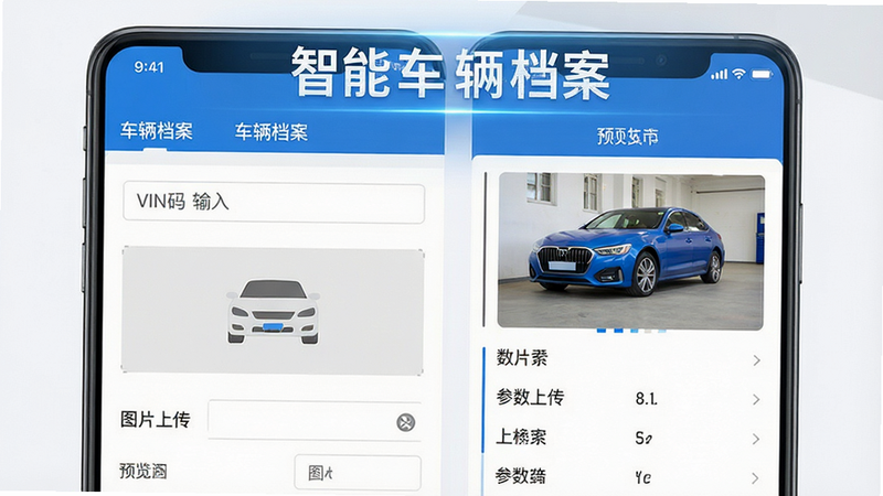 一张手机应用功能界面图,主体为“车辆档案”编辑页面,包含VIN码输入框、图片上传区域和参数列表,布局左右分栏,左侧为表单,右侧为预览图,风格扁平化设计,色调蓝白相间,细节精致,画质高清,干净,无多余元素,文字“智能车辆档案”高亮显示