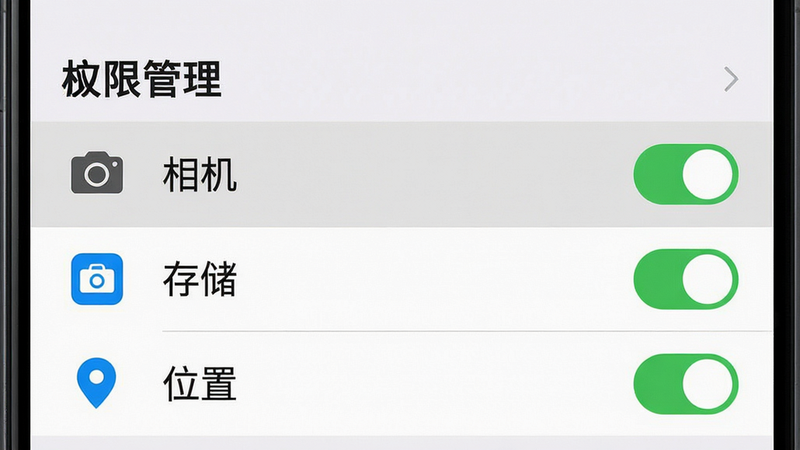 一张手机设置界面示意图,主体为“应用权限”列表,高亮显示“相机”、“存储”、“位置”三项已开启状态,布局垂直列表,图标清晰,风格系统原生界面,色调浅灰,细节准确,画质高清,干净,无多余元素,文字“权限管理”清晰