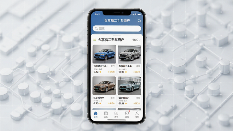 一张高清商业风格的应用界面预览图,主体为手机屏幕,显示“会享福二手车商户”APP首页,布局清晰,顶部有搜索栏,中间展示车辆列表卡片,底部有功能导航栏,背景为浅灰色科技感网格,排版整洁,风格现代简约,细节清晰,画质4k,干净,无多余元素,文字“会享福二手车商户”清晰可见