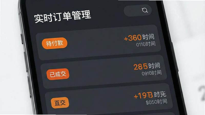 一张移动端订单管理界面示意图,主体为订单列表,包含状态标签如“待付款”、“已成交”,右侧显示金额和时间,布局垂直排列,卡片式UI设计,风格商务严谨,色调深灰与橙色点缀,细节丰富,画质清晰,干净,无多余元素,文字“实时订单管理”醒目