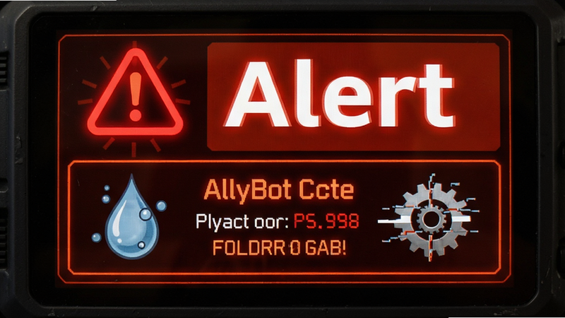 主体为AllyBot报警界面,布局突出红色警示图标与故障代码,排版紧凑,风格为警示橙红色,细节展示水滴与齿轮故障符号,画质清晰,干净,无干扰元素,文字“Alert”加粗显示