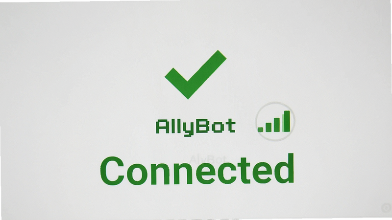 主体为AllyBot设备连接成功界面,布局展示绿色对勾与设备名称,排版居中,风格为成功反馈的绿色调,细节包含信号满格图标,画质清晰,干净,无干扰元素,文字“Connected”醒目