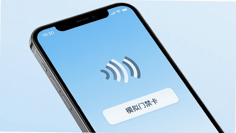 主体为一部现代智能手机,屏幕显示NFC开门应用的主界面,界面中央有一个明显的NFC感应图标和“模拟门禁卡”按钮,背景为干净的浅蓝色渐变,布局简洁,排版清晰,风格为扁平化UI设计,细节包含手机顶部状态栏时间显示,画质高清,干净,无多余元素