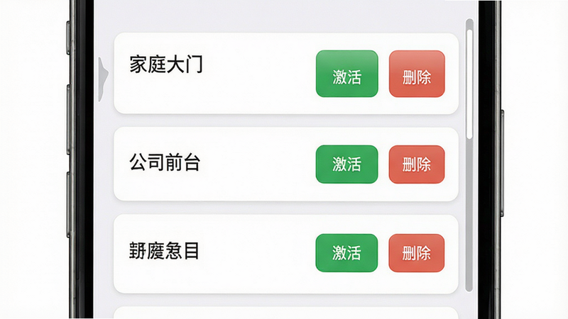 主体为手机应用界面截图,展示了一个卡片管理列表,包含“家庭大门”、“公司前台”等几个卡片条目,每个条目右侧有“激活”和“删除”按钮,布局整齐,排版采用卡片式设计,风格简约现代,细节包含列表滚动条,画质高清,干净,无多余元素
