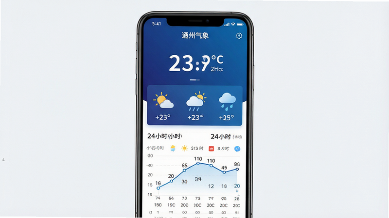 一张高清扁平化风格的应用界面展示图,主体为手机屏幕,显示“通州气象”APP首页。布局清晰,顶部为深蓝色渐变背景的大字实时温度,中间是动态天气图标,下方排列着24小时小时级预报曲线图。排版简洁现代,色彩以科技蓝和白色为主,细节处体现数据可视化图表,画质8k,干净无杂乱元素,文字“通州气象”清晰可见。