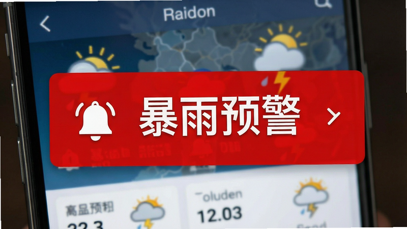 展示预警通知界面的手机截图风格图片,主体是一条红色的紧急预警横幅,背景模糊显示天气主界面。布局紧凑,预警信息占据视觉中心,包含图标和简短文字。风格为警示性强,色彩以红色和白色为主,细节处有通知铃铛图标,画质清晰,无多余元素,文字“暴雨预警”醒目。