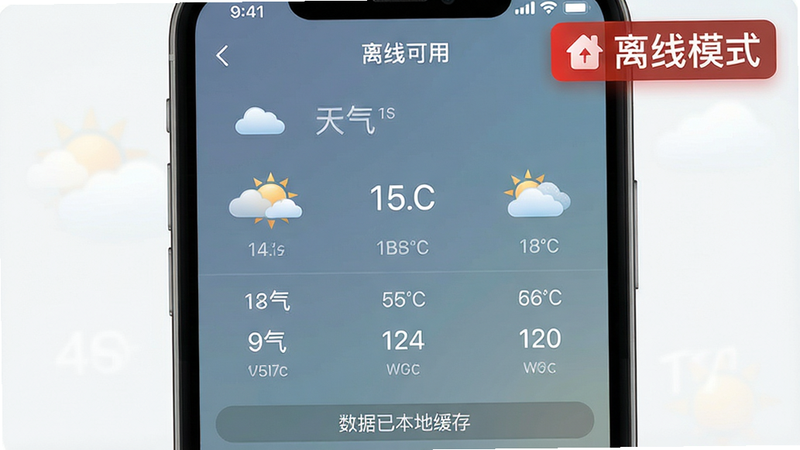 展示离线状态下的应用界面,主体为手机屏幕,右上角有明显的“离线模式”标识。布局保持常规天气预报样式,但底部增加了一行小字提示“数据已本地缓存”。风格稳重可靠,色彩偏柔和,细节处有云朵图标暗示离线,画质干净,无杂乱背景,文字“离线可用”清晰。