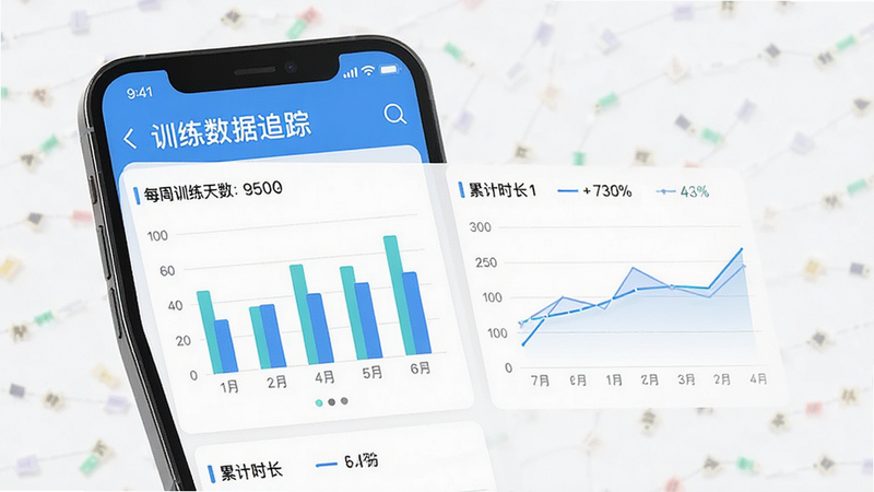 主体为手机屏幕界面,显示凯格尔运动跟练版APP的数据统计页面,布局包含柱状图和折线图,排版专业,风格扁平化,细节显示每周训练天数和累计时长,画质高清,干净,无多余元素,文字显示