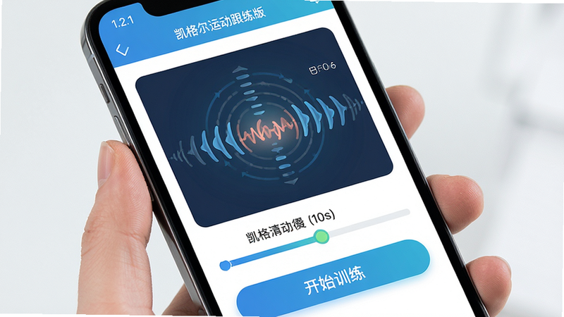 主体为手机屏幕界面,显示凯格尔运动跟练版APP首页,布局整洁,顶部显示版本号1.2.1,中间是动态的呼吸节奏引导图,底部有开始训练按钮,风格清新医疗风,细节包含肌肉收缩进度条,画质高清,干净,无多余元素,文字显示