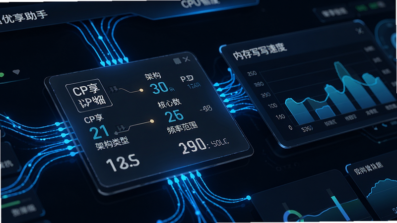 ��������Ӳ����⹦�ܽ��棬��дչʾCPU��ϸ��Ϣ��Ƭ�������ܹ����͡���������Ƶ�ʷ�Χ���Ա߰����ڴ��д�ٶ�ͼ��������Ϊ��ɫģʽ�µ����ݿ��ӻ��Ǳ��̣���ɫ�����������ճ��������򣬿Ƽ���ǿ�ң�ϸ�ڷḻ��������Ⱦ��������ˮӡ