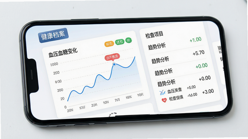 主体为手机屏幕展示的健康档案页面,布局包含折线图展示血压血糖变化趋势,右侧列出详细检查项目列表。排版采用卡片式结构,风格专业严谨,细节处有数据标注和状态标签,画质高清,干净,无多余元素,文字显示为“健康档案”、“趋势分析”