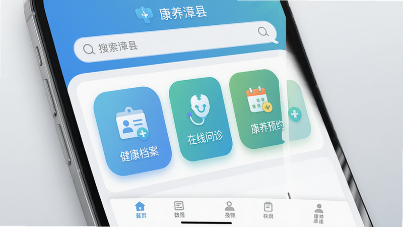 主体为一部智能手机屏幕,显示“康养漳县”APP首页界面,布局清晰,顶部为搜索栏,中部为“健康档案”、“在线问诊”、“康养预约”三大核心功能入口图标,底部为导航栏。排版简洁现代,风格为扁平化设计,细节处体现医疗蓝与生命绿的柔和配色,画质4k,干净,无多余元素,背景为浅灰色渐变