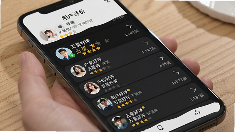 主体为手机屏幕展示用户评价页面,布局为列表形式,显示多条正面评价及星级评分。排版整洁有序,风格信任感强,细节处有头像、用户名和评价时间,画质逼真,干净,无多余元素,文字显示为“用户评价”、“五星好评”