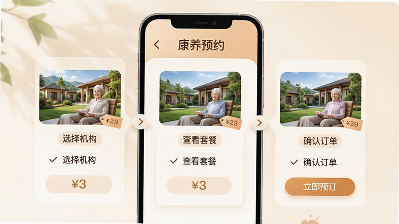主体为手机界面展示康养预约流程,布局为步骤条形式,显示“选择机构”、“查看套餐”、“确认订单”三个环节。排版直观清晰,风格温馨舒适,细节处有康养基地实景缩略图和价格标签,画质细腻,干净,无多余元素,文字显示为“康养预约”、“立即预订”