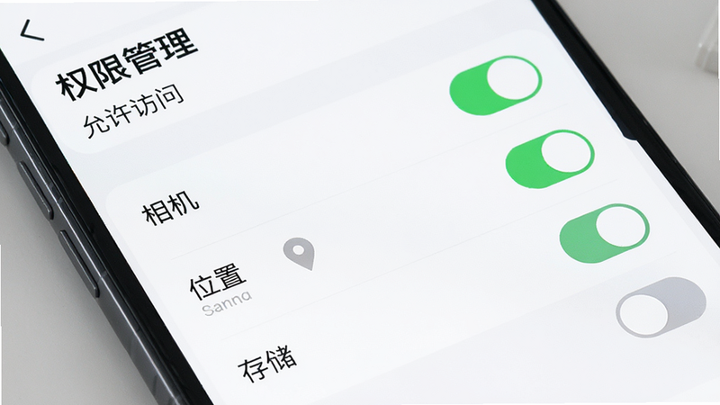 主体为手机设置界面,展示权限管理页面,布局列出“相机”、“位置”、“存储”等权限开关。排版简洁明了,风格科技感,细节处有绿色已开启和灰色未开启的状态标识,画质清晰,干净,无多余元素,文字显示为“权限管理”、“允许访问”