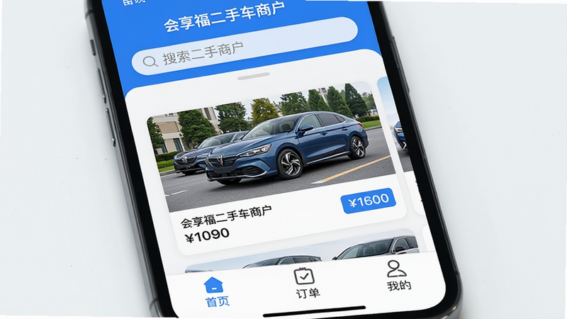 一张展示“会享福二手车商户”APP主界面的手机屏幕特写,布局清晰,顶部为搜索栏,中间是车辆列表卡片,包含高清车辆图片和价格标签,底部导航栏包含首页、订单、我的等图标,风格现代简约,蓝色为主色调,高清,无多余元素
