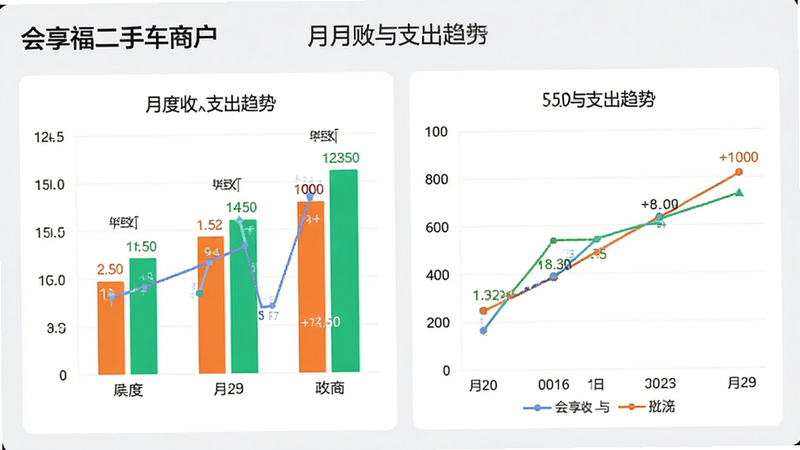 “会享福二手车商户”APP的财务报表页面,展示柱状图和折线图,显示月度收入与支出趋势,颜色鲜明,数据标签清晰,背景为浅灰色,风格专业商务,干净无杂乱元素