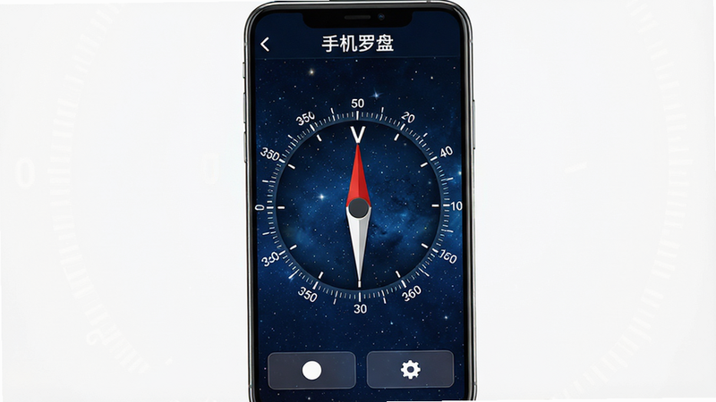 一张高清展示手机罗盘应用主界面的图片,屏幕中央显示红色的指针指向北方,背景为深蓝色星空纹理,四周分布着0-360度的刻度环,顶部有“手机罗盘”白色文字标题,底部有简洁的功能按钮,整体风格科技感强,光影清晰,4k分辨率,干净无杂物