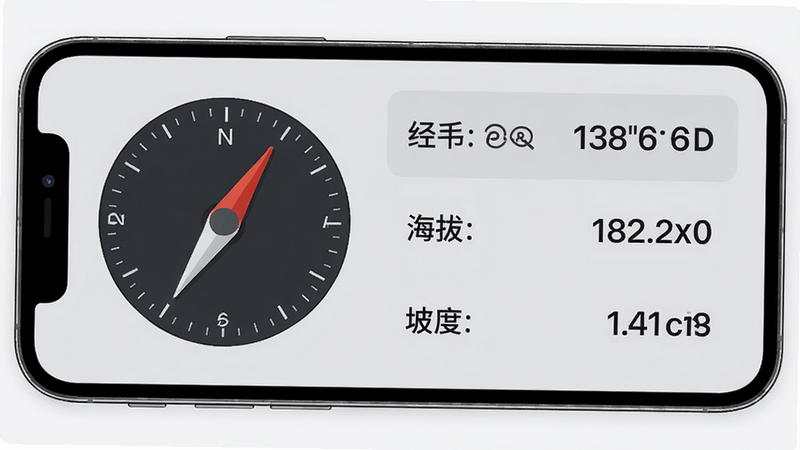 手机界面展示手机罗盘的数据看板,左侧是罗盘指针,右侧列表显示经纬度、海拔和坡度数值,界面布局整齐,字体清晰,背景为浅灰色,风格简约现代,高清画质