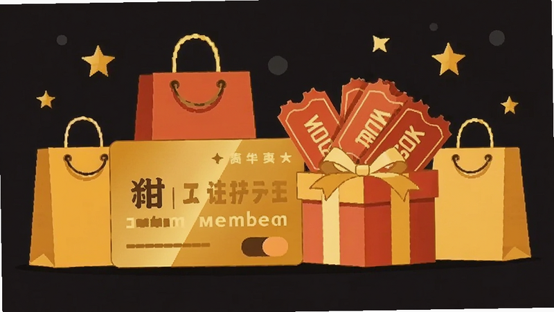 一张扁平化设计风格的插图,画面中心是一个金色的会员卡和一个装满红色优惠券的礼盒,周围环绕着购物袋和星星元素,配色以暖黄色和红色为主,象征财富与优惠,布局平衡,细节精致,高清,无多余装饰