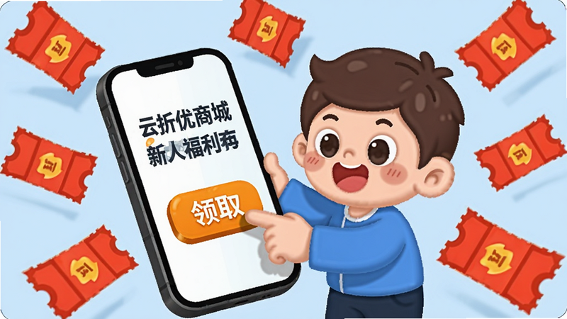 一个卡通风格的插图,一个小人正在点击手机屏幕上的“领取”按钮,周围飘着红色的优惠券,表情开心,背景为浅蓝色,寓意“云折优商城”新人福利,可爱,生动,无多余元素,高清