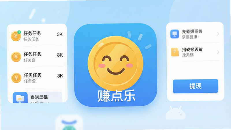 һ�Ÿ����ƽ����Ʒ����ֻ�APP����չʾͼ������Ϊ��Ϊ��׬���֡��İ�׿Ӧ��ͼ�꣬����Ϊǳ��ɫ���䣬ͼ��������һ����ҷ��ź�΢Ц���飬��Χ�����������б������ְ�ť��UIԪ�أ��������࣬��������������ִ���Լ������8k���޶���Ԫ��