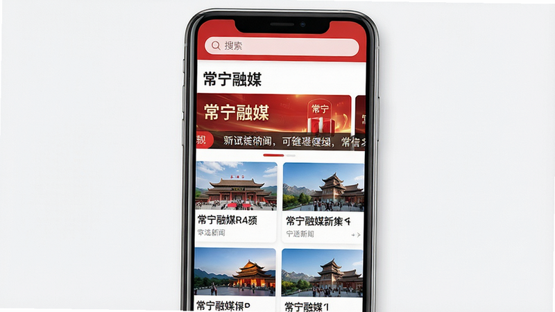 一张展示常宁融媒APP主界面的高清预览图,主体为手机屏幕,布局清晰,顶部显示搜索栏,中间为“常宁融媒”标题及滚动新闻横幅,下方为网格状新闻卡片,包含图片与文字,风格现代简约,色彩以红色和白色为主,细节丰富,画质高清,干净无多余元素