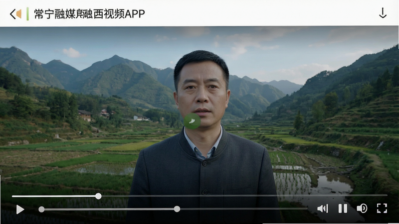 常宁融媒APP视频播放界面,主体为全屏视频播放器,底部有进度条和控制按钮,顶部显示视频标题,布局沉浸式,风格现代,细节清晰,画质高清,干净无多余元素