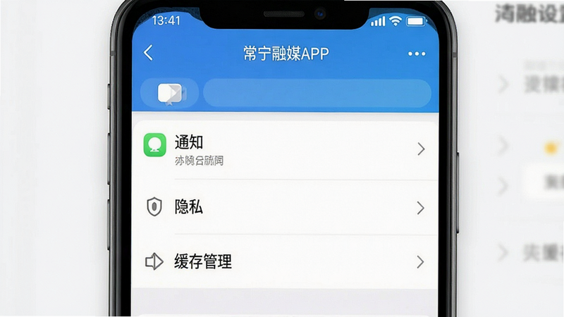 常宁融媒APP设置界面,主体为设置列表,包含通知、隐私、缓存管理等选项,布局清晰,排版规整,风格简洁,细节清晰,画质高,干净无多余元素